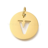 Ion Plating(IP) 304 Stainless Steel Pendants, with Jump Ring, Laser Cut, Flat Round with Letter Charm, Real 18K Gold Plated, Letter V, 20x1mm, Hole: 4.5mm(STAS-M074-01G-V)