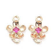 Brass Micro Pave Cubic Zirconia Charms Link Connectors, Long-Lasting Plated, Flower, Real 14K Gold Plated, Magenta, 13x9x2.5mm, Hole: 1.4mm(ZIRC-K086-27LG)