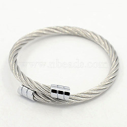 Trendy 304 Stainless Steel Torque Bangles for Men, 304 Stainless Steel Rope Bangles, with Metal Findings, Stainless Steel Color, 52mm(BJEW-L088-02)