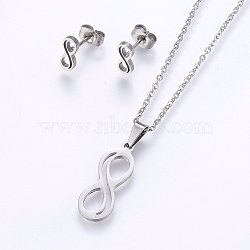 304 Stainless Steel Jewelry Sets, Stud Earrings and Pendant Necklaces, Infinity, Stainless Steel Color, Necklace: 17.7 inch(45cm), Stud Earrings: 9.5x4x1.2mm, Pin: 0.8mm(SJEW-O090-10P)
