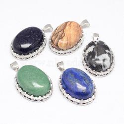 Natural & Synthetic Mixed Stone Pendants, with Brass Findings, Oval, Platinum, 30x21x10~11mm, Hole: 6x4mm(G-D851-M)