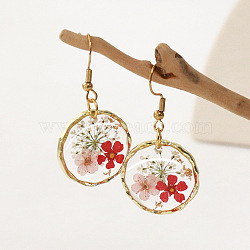 Alloy Epoxy Dried Flower Dangle Earrings, with Steel Pins, Flat Round, Golden, Misty Rose, 41x21mm(FS-WGABF6D-05)