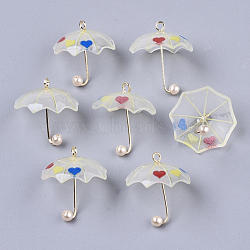 Printed Acrylic Pendants, with ABS Plastic Imitation Pearl and Golden Plated Brass Loops, Umbrella with Heart Pattern, Colorful, 20~21x20x20mm, Hole: 1.6mm(X-KY-S163-093B-02)