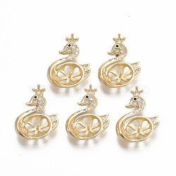 Brass Cubic Zirconia Peg Bails Pendants, for Half Drilled Bead, Nickel Free, Swan, Real 18K Gold Plated, Clear, 19.5x14x5mm, Hole: 4x2mm, Pin: 0.7mm(for half drilled beads)(KK-N233-027-NF)