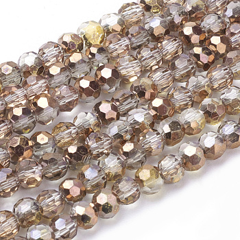 Electroplate Glass Beads Strands, Half Plated, Faceted(32 Facets), Round, Copper Plated, 4mm, Hole: 1mm, about 88~90pcs/strand, 28~30cm