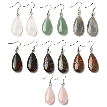 Natural Mixed Gemstone Teardrop Dangle Earrings, Platinum Brass Earrings, 50.5x15mm
