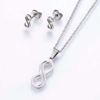 304 Stainless Steel Jewelry Sets, Stud Earrings and Pendant Necklaces, Infinity, Stainless Steel Color, Necklace: 17.7 inch(45cm), Stud Earrings: 9.5x4x1.2mm, Pin: 0.8mm