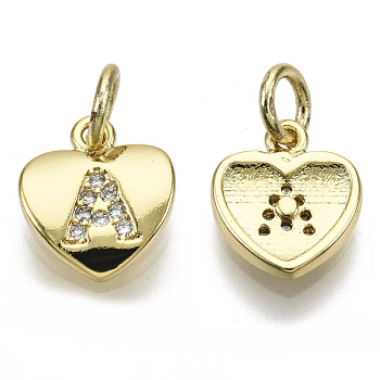 Brass Micro Pave Clear Cubic Zirconia Charms, with Jump Ring, Heart with Letter, Real 16K Gold Plated, Nickel Free, Letter.A, 10x9x2mm, Jump Ring: 5x1mm, 3mm inner diameter