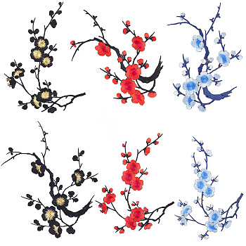 6Pcs 6 Style Plum Blossom Shape Appliques, Embroidery Thread Iron on/Sew on Cloth Patches, Costume Accessories, Mixed Color, 150~215x120~205x1mm 1pc/style