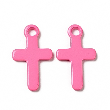 Spray Painted 201 Stainless Steel Pendants, Cross Charm, Hot Pink, 21x12.5x2mm, Hole: 2mm