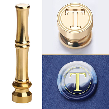 Golden Tone Brass Wax Seal Stamp Head with Bamboo Stick Shaped Handle, for Greeting Card Making, Letter T, 74.5x15mm