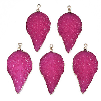 Electroplate Druzy Resin Big Pendants, with Iron Findings, Leaf, Light Gold, Medium Violet Red, 56~57x27~28x3mm, Hole: 1.6mm