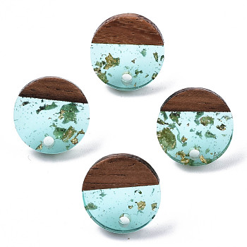Transparent Resin & Walnut Wood Stud Earring Findings, with 304 Stainless Steel Pin and Gold Foil, Flat Round, Pale Turquoise, 14mm, Hole: 1.8mm, Pin: 0.7mm