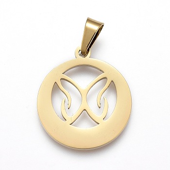 304 Stainless Steel Pendants, Laser Cut, Hollow, Ring with Butterfly, Golden, 18x16.5x1.1mm, Hole: 3x5mm
