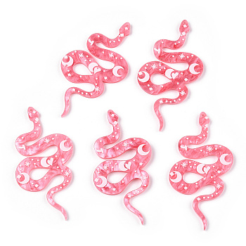 Printed Acrylic Big Pendants, Snake with Moon Pattern Charm, Light Coral, 69x37mm