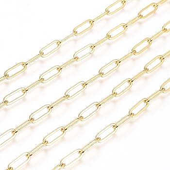 Brass Paperclip Chains, Flat Oval, Drawn Elongated Cable Chains, Soldered, Long-Lasting Plated, with Spool, Real 18K Gold Plated, 12x4x0.8mm, about 16.4 Feet(5m)/roll