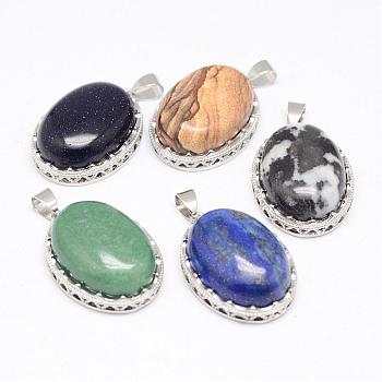 Natural & Synthetic Mixed Stone Pendants, with Brass Findings, Oval, Platinum, 30x21x10~11mm, Hole: 6x4mm
