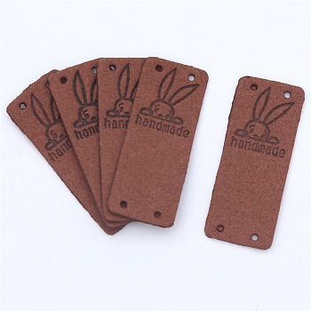 Microfiber Leather Labels, Handmade Embossed Tag, with Holes, for DIY Jeans, Bags, Shoes, Hat Accessories, Rectangle with Rabbit Pattern, Coconut Brown, 50x20mm