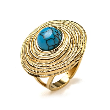 304 Stainless Steel Open Cuff Rings, Synthetic Turquoise Round Finger Rings for Women Men, Real 18K Gold Plated, Adjustable