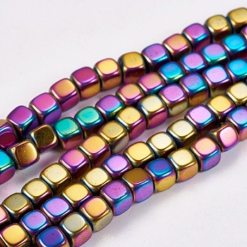 Electroplate Non-magnetic Synthetic Hematite Beads Strands, Cube, Grade A, Multi-color Plated, 4x4x4mm, Hole: 1mm, about 100pcs/strand, 16 inch