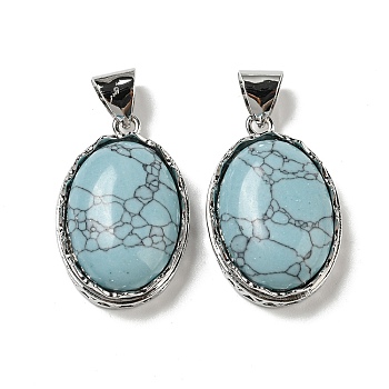 Synthetic Turquoise Pendants, Platinum Plated Alloy Oval Charms, 33x21.5x10~11mm, Hole: 8x6mm