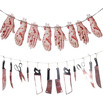 2 Sets 2 Style Halloween Decoration Paper Bleeding Foot & Hand & Knife Flag Banners, with Organza Cord, Mixed Color, Paper: 74.5~399x5~135x0.2mm, 1 set/style
