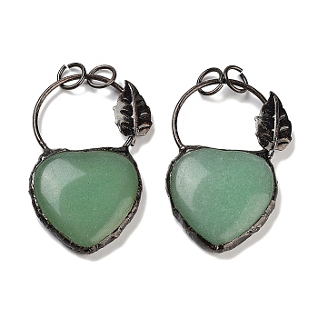 Natural Green Aventurine Heart Big Pendants, Brass Ring Charms with Leaf & Jump Rings, Red Copper, 53~56x32~34x7~7.5mm, Hole: 6.6mm