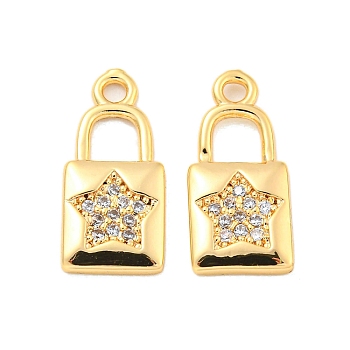 Brass Micro Pave Clear Cubic Zirconia Pendants, Lock with Star Pattern Charms, Real 18K Gold Plated, 16.5x7.5x1.5mm, Hole: 1.6mm