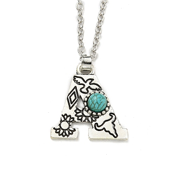 Letter A~Z Antique Silver Plated Alloy with Synthetic Turquoise Pendant Necklace, with Iron Cable Chains, Letter A, 18.70 inch(475mm), Letter A: 25.5x24mm