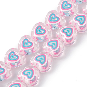 Handmade Lampwork Beads Strands, with Enamel, Heart, Hot Pink, 12x12~12.5x6~6.5mm, Hole: 0.7~1mm, about 30pcs/strand, 13.39 inch(34cm)