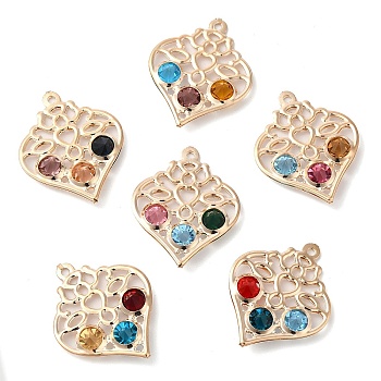 Iron with Glass Pendants, Hollow Heart Charm, Mixed Color, 31x25x5mm, Hole: 1.6mm
