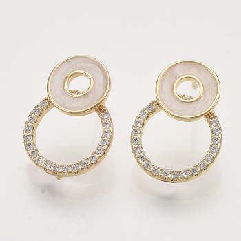 Brass Micro Pave Clear Cubic Zirconia Stud Earring Findings, with Enamel and Loop, Nickel Free, Ring, Real 18K Gold Plated, 19.5x14.5mm, Hole: 0.8mm, Pin: 0.8mm