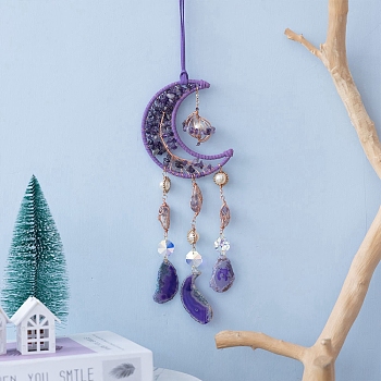 Moon Natural Amethyst Chips & Glass Suncatchers, Hanging Pendant Decorations with Golden Metal Findings, 360mm