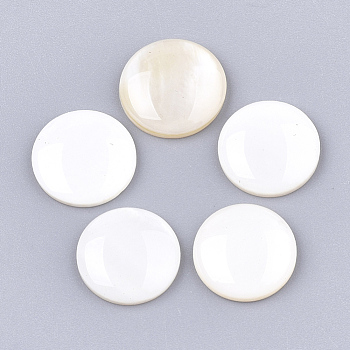 Freshwater Shell Cabochons, with Transparent Clear Epoxy Resin, Flat Round, Creamy White, 12x2.5~3mm