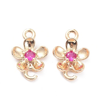 Brass Micro Pave Cubic Zirconia Charms Link Connectors, Long-Lasting Plated, Flower, Real 14K Gold Plated, Magenta, 13x9x2.5mm, Hole: 1.4mm