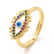 Colorful Cubic Zirconia Horse Eye with Enamel Adjustable Ring, Brass Jewelry for Women, Real 18K Gold Plated, US Size 6 1/2(16.9mm)(KK-H439-03G)