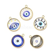 Luminous Glass Pendants, with 304 Stainless Steel Findings, Flat Round with Evil Eye Pattern, Golden, 18.5x15.5x5mm, Hole: 1.6mm(PALLOY-JF01641-02)