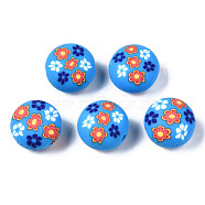 Handmade Polymer Clay Beads, for DIY Jewelry Crafts Supplies, Flat Round with Flower, Deep Sky Blue, 12x8.5mm, Hole: 1.6mm(CLAY-N008-026C)