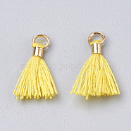 Polycotton(Polyester Cotton) Tassel Pendant Decorations, Mini Tassel, with Brass Findings, Light Gold, Yellow, 10~15x3~4mm, Hole: 2mm(FIND-S275-29G)