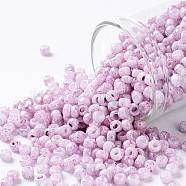 TOHO Round Seed Beads, Japanese Seed Beads, (1200) Opaque White Pink Marbled, 8/0, 3mm, Hole: 1mm, about 222pcs/bottle, 10g/bottle(SEED-JPTR08-1200)