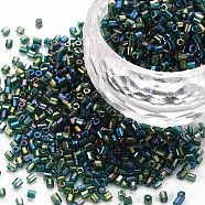 Glass Bugle Beads, Transparent Colours Rainbow, Dark Green, 2.5~3x2mm, Hole: 0.9mm, about 15000pcs/pound(SEED-S032-10A-183A)