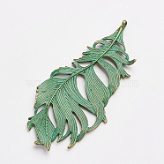 Tibetan Style Alloy Pendants, Leaf, Antique Bronze & Green Patina, 86x38x2.5mm, Hole: 3mm(PALLOY-F187-47ABG)