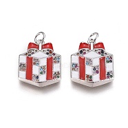 Brass Cubic Zirconia Pendants, with Enamel and Jump Ring, Christmas Gift Box, Red, Platinum, 19x16x5mm, Hole: 3mm(ZIRC-I028-01P)