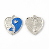 Alloy Enamel Pendants, Heart with Yin Yang Charm, Platinum, Dodger Blue, 17x15x1.6mm, Hole: 1.8mm(ENAM-G212-05P-05)