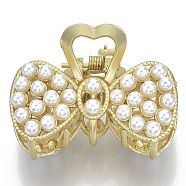 Alloy Claw Hair Clips, with ABS Plastic Imitation Pearl, Long-Lasting Plated, Textured, Bowknot with Heart, Matte Gold Color, White, 30x44x30mm(X-PHAR-N004-002)