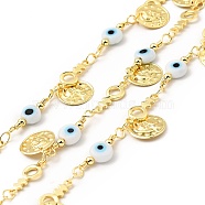 Glass Flat Round with Enamel Evil Eye Beaded Chains, with Real 18K Gold Plated Brass Coin Charms Chains Link Chain, Lead Free & Cadmium Free, Soldered, with Spool, White, 19x6x3mm, 13x5x1mm(CHC-G017-23G-03)