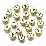 Plating Acrylic Beads, Horizontal Hole, Flat Round with Letter, Golden Plated, Black, Letter.Y, 7x4mm, Hole: 1.2mm.(X-PACR-CD0001-Y)