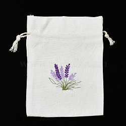 Cotton Canvas Drawstring Gift Bags, with Flowers Pattern Embroider, for Jewelry & Baby Showers Packaging Wedding Favor Bag, Linen, 17~18x12~13x0.3cm(OP-Q053-013B)