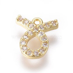 Golden Plated Brass Micro Pave Cubic Zirconia Charms, Twelve Constellations, Taurus, 8x8x1.8mm, Hole: 0.8mm(ZIRC-L075-51C)