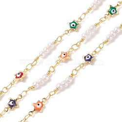 Brass Enamel Star Link Chains, with CCB Imitaiton Pearl Beaded, Soldered, with Spools, Cadmium Free & Lead Free, Real 18K Gold Plated, Colorful, 11x5.5x2mm, 17x3mm(CHC-P009-23G)